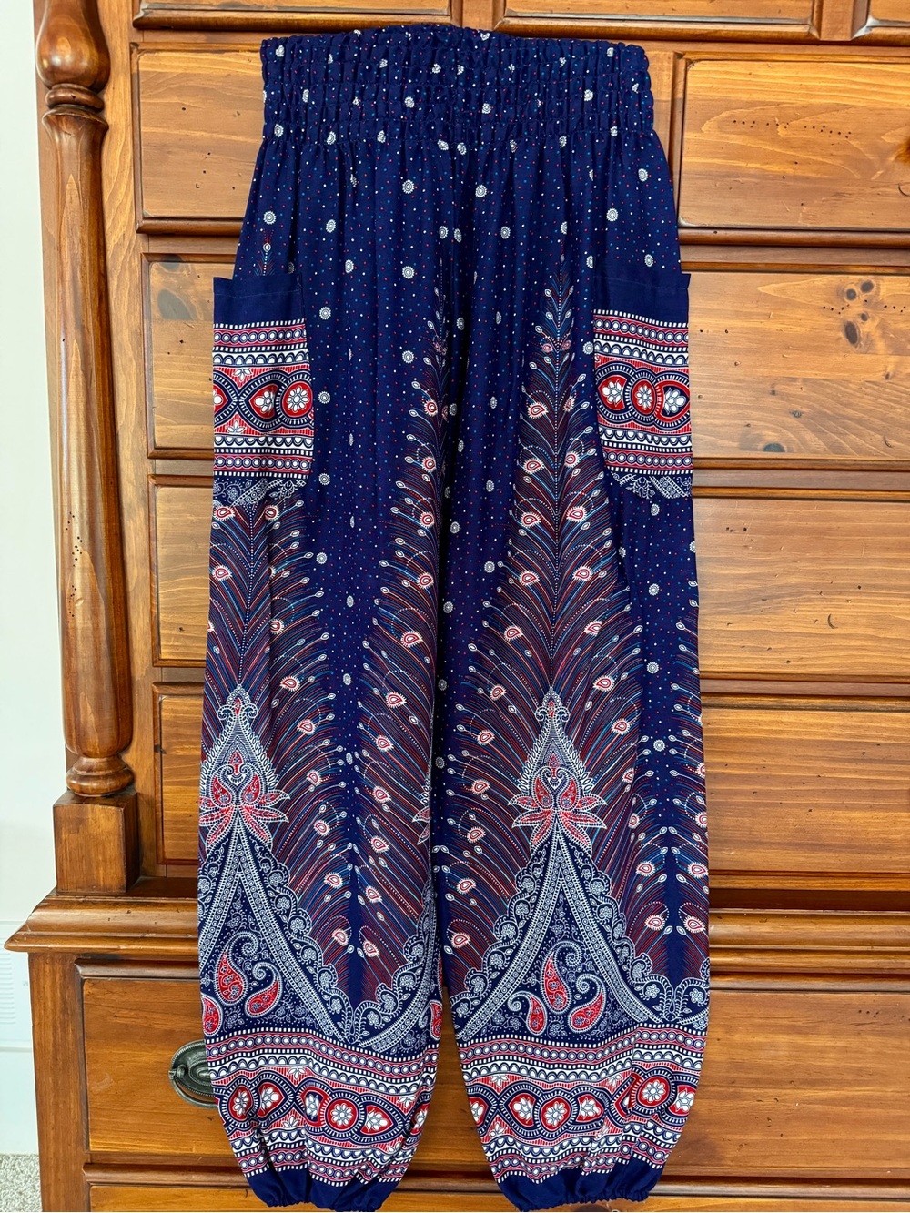 Boho Navy Printed Harem Pants with Pockets